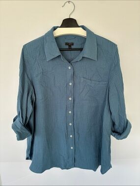 Talbots Textured Cotton Gauze Slate Blue Long Sleeve Button-Down Shirt 1X